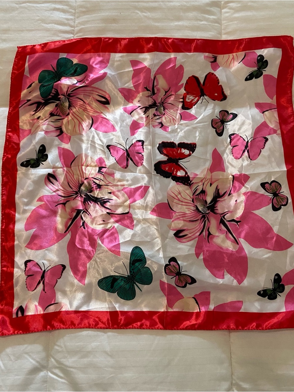 Vintage Floral Butterfly Satin Scarf 19” Square Pink Red Teal Neck Hair Scarf